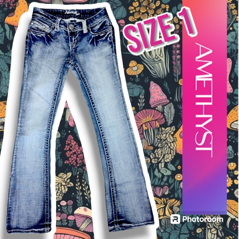 New Amethyst Flare w Crystals Heavy Stitch Detailing Sandblast LoRise Jeans 28" - Picture 2 of 6